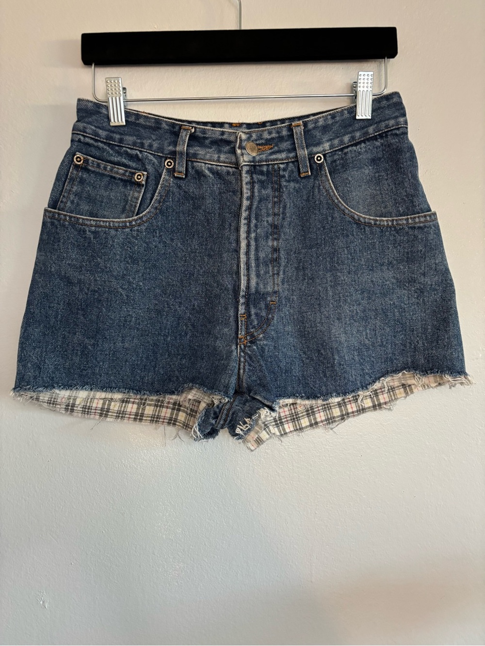 pop Dark Indigo Denim Shorts with Plaid Trim
